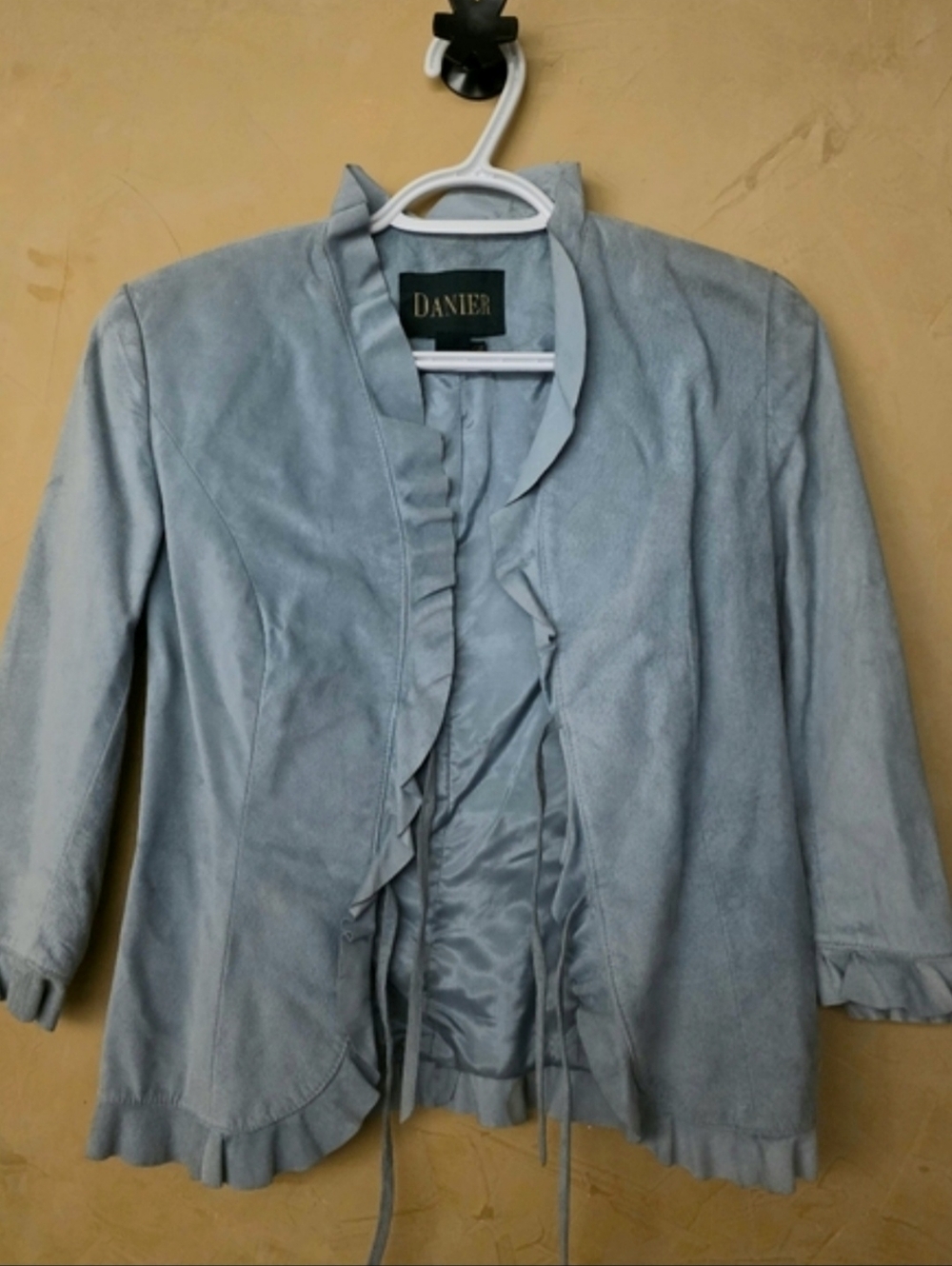 Danier Women's Light Blue Ruffle Quarter Sleeve Suede Jacket